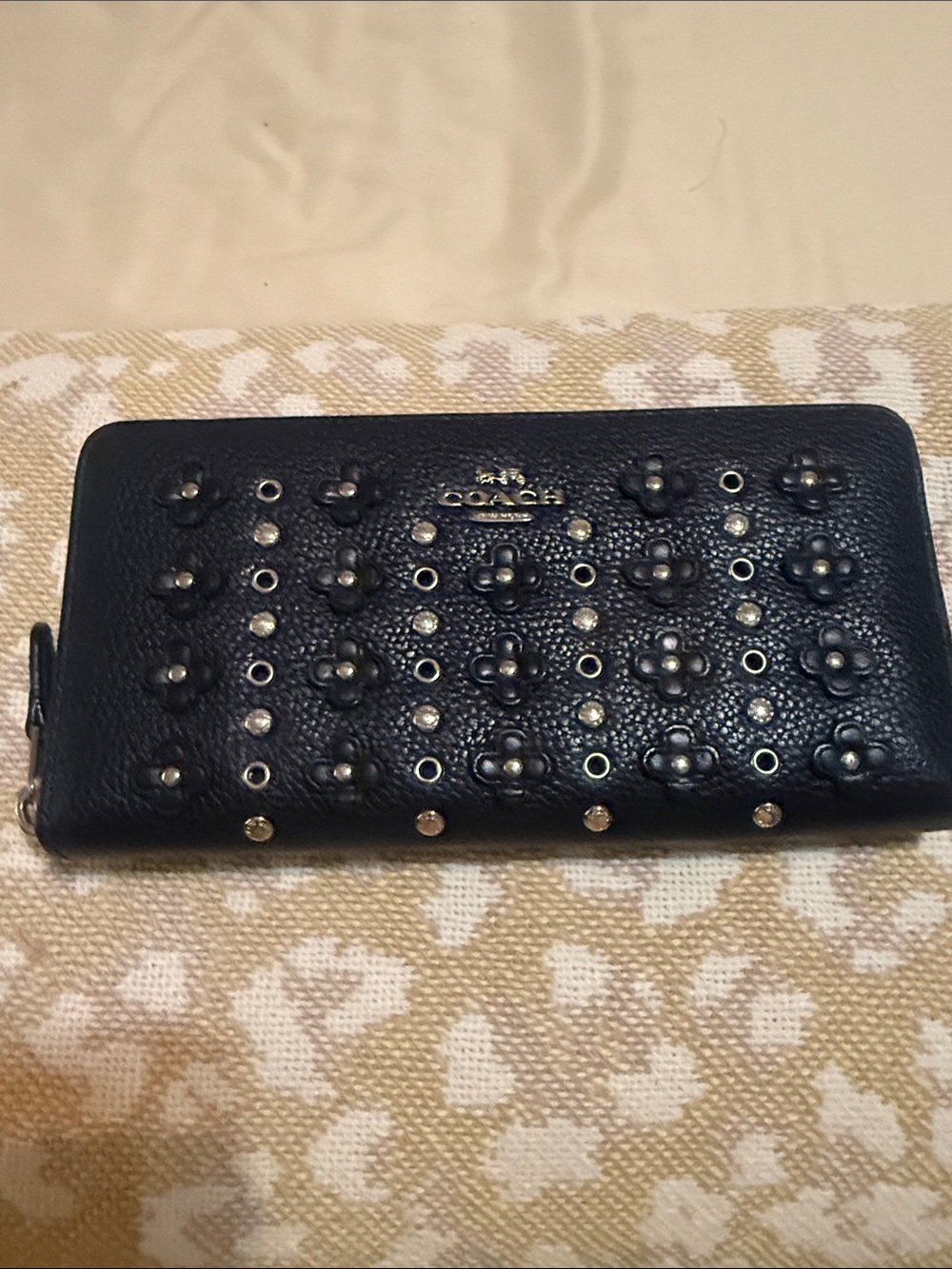 Coach Black Floral Studded Zip-Around Wallet